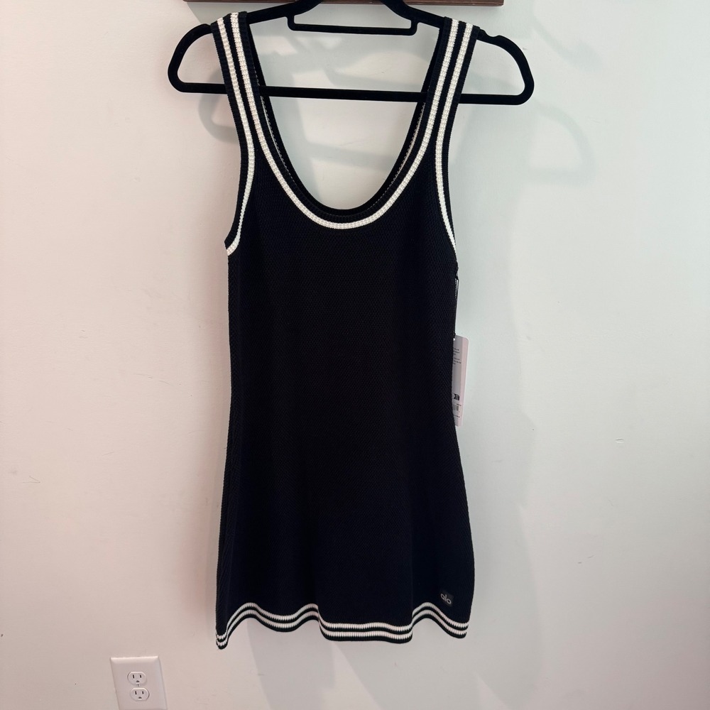 Alo Yoga Tennis Club Sweater Knit Dress Black Ivory Womens Large NWT